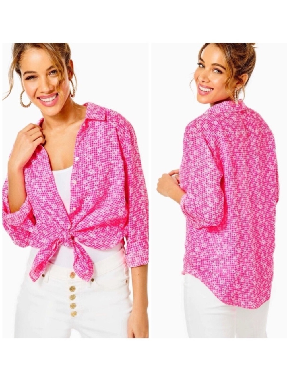 Lilly Pulitzer Sea View 100% Linen button down shirt daisy floral pink small